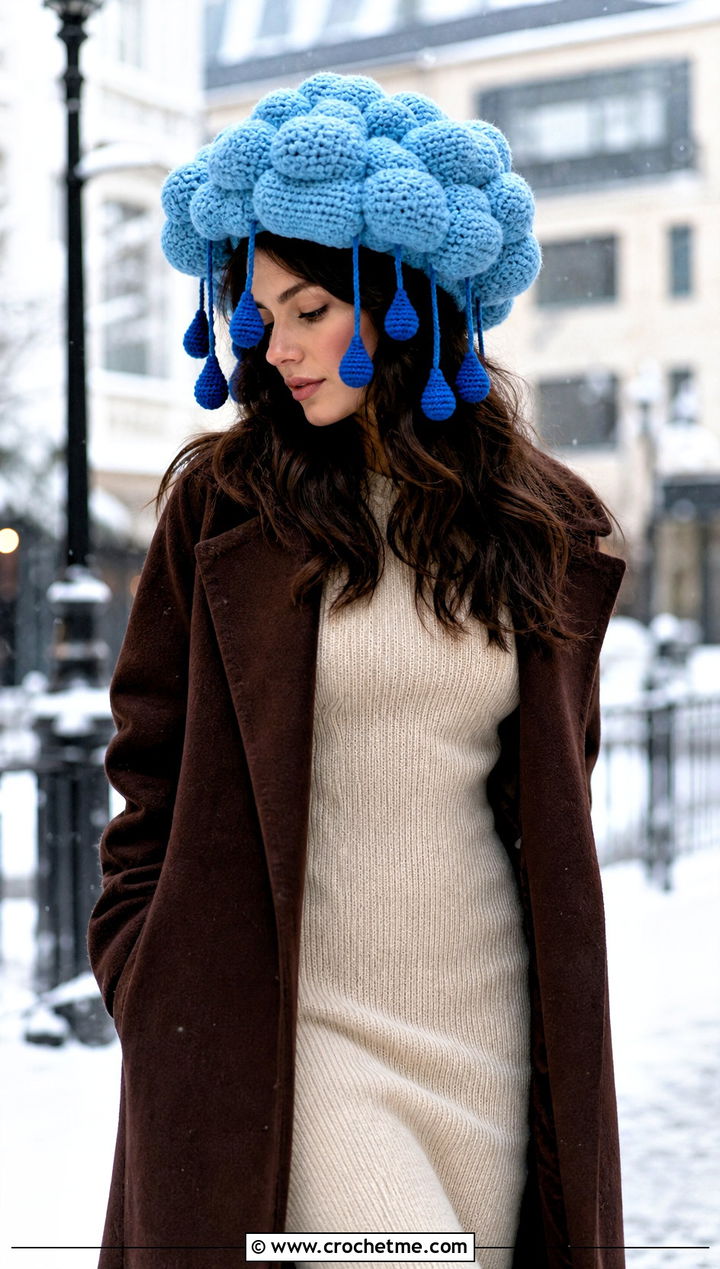 Crochet Cloud Hat With Long Coat And Knit Dress - 25 Crochet Silly Hats outfit ideas