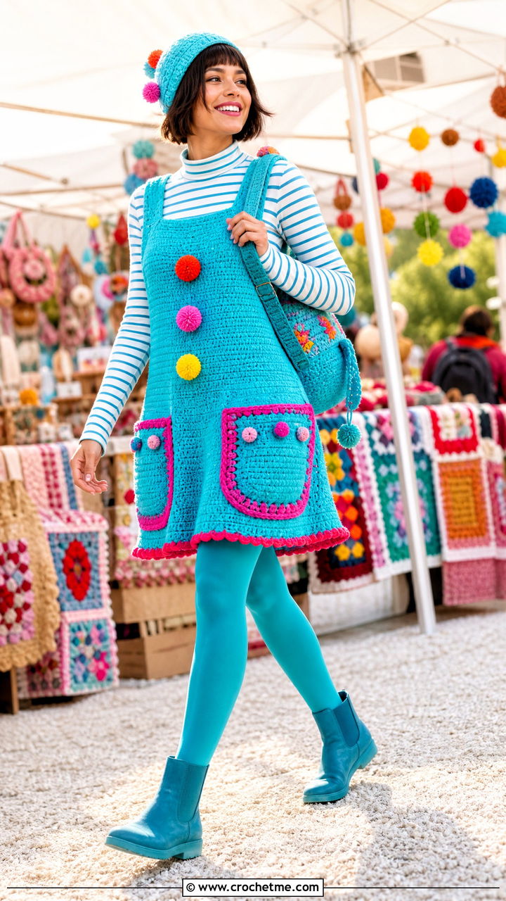 Crochet Clown Apron Dress Costume With Striped Top - 35 crochet clown costume outfit ideas