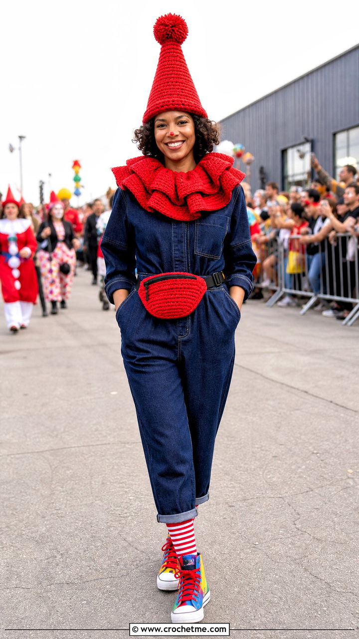 Crochet Clown Hat And Collar Costume With Denim Jumpsuit - 35 crochet clown costume outfit ideas