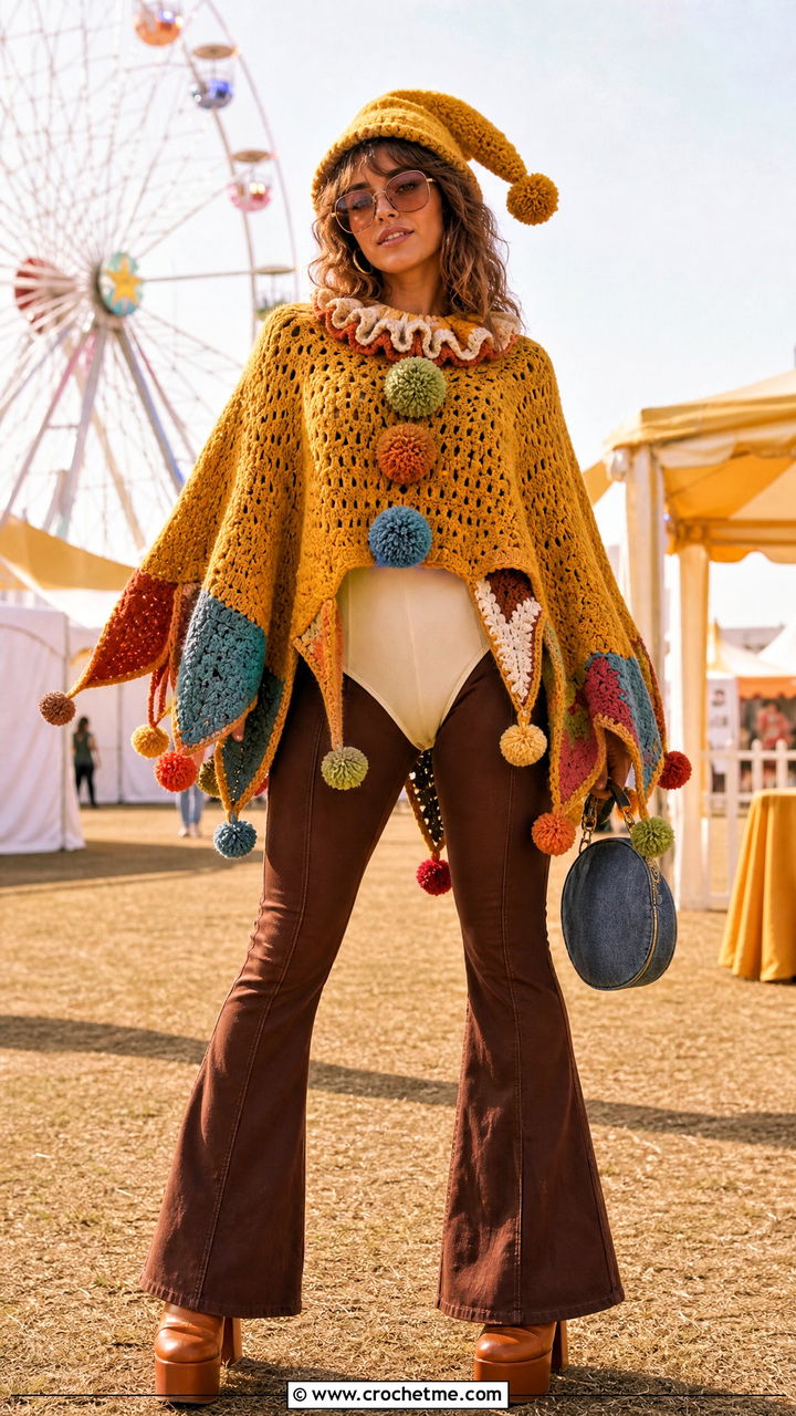 Crochet Clown Poncho Costume With Flared Jeans - 35 crochet clown costume outfit ideas