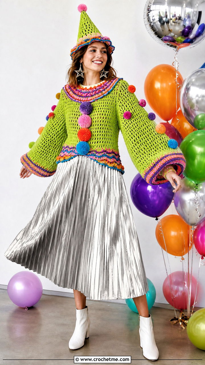Crochet Clown Sweater Costume With Metallic Skirt - 35 crochet clown costume outfit ideas