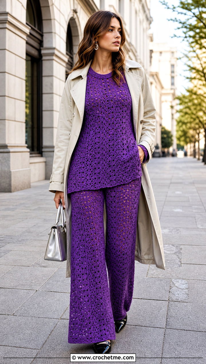 Crochet Co Ord Set With Longline Trench - 35 Modest Crochet Outfit Ideas