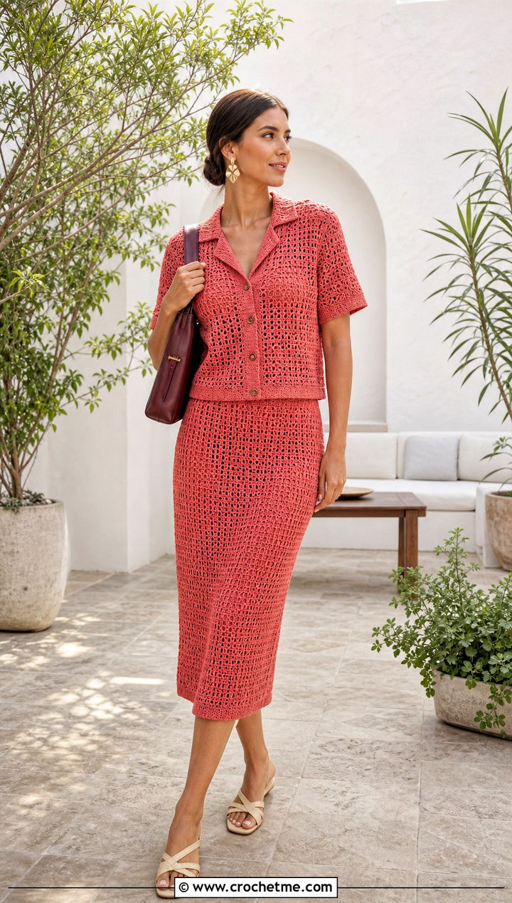 Crochet Co Ord Set With Minimal Sandals - 25 crochet womens clothes and outfit ideas