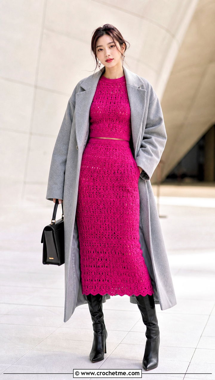 Crochet Co Ord Set With Oversized Coat - 30 korean crochet outfits ideas