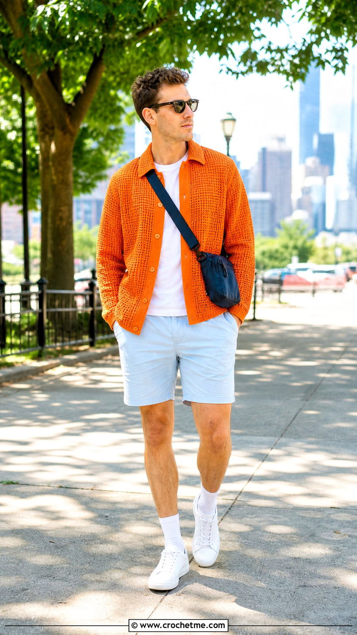 Crochet Coach Jacket With Tailored Shorts - 35 crochet jacket for men outfit ideas