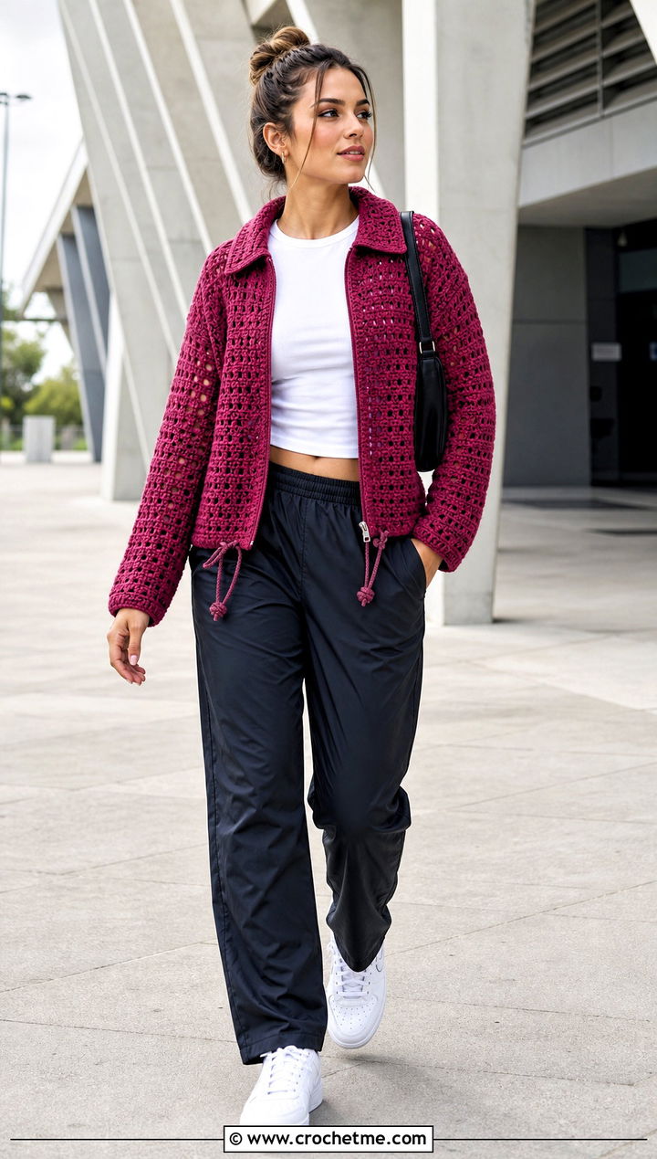 Crochet Coach Jacket With Track Pants - 35 crocheted jacket outfit ideas