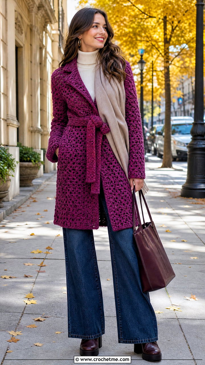 Crochet Coat Jacket With Turtleneck And Wide Leg Jeans - 35 easy crochet jacket outfit ideas