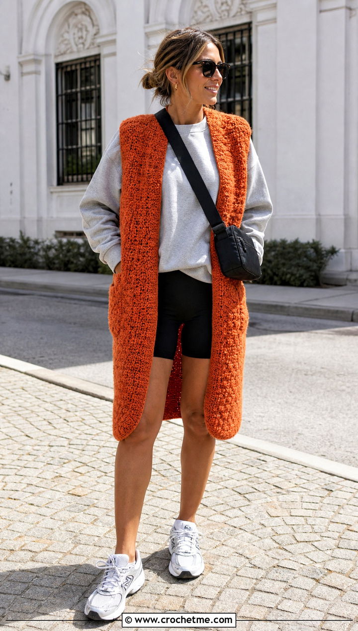 Crochet Coat Vest With Bike Shorts And A Sweatshirt - 25 Easy Crochet Long Vest outfit ideas