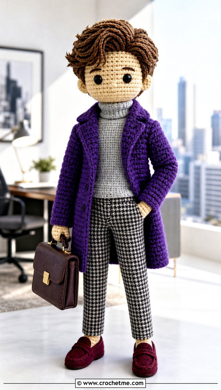 Crochet Coat With Checkered Trousers - 15 Clothes For Amigurumi outfit ideas