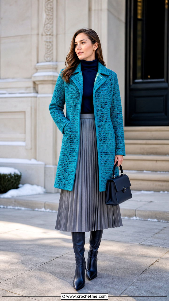 Crochet Coat With Pleated Midi Skirt - 35 crochet winter clothes and outfit ideas