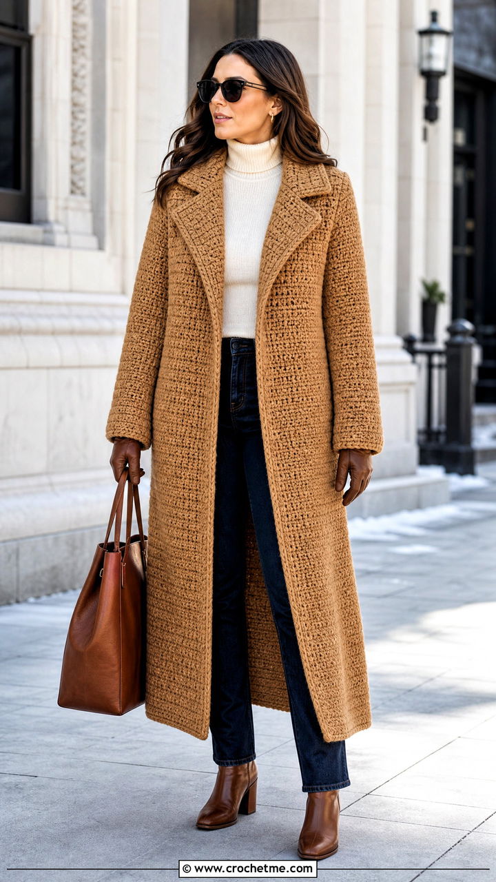 Crochet Coat With Turtleneck And Jeans - 35 crochet clothes and outfit ideas