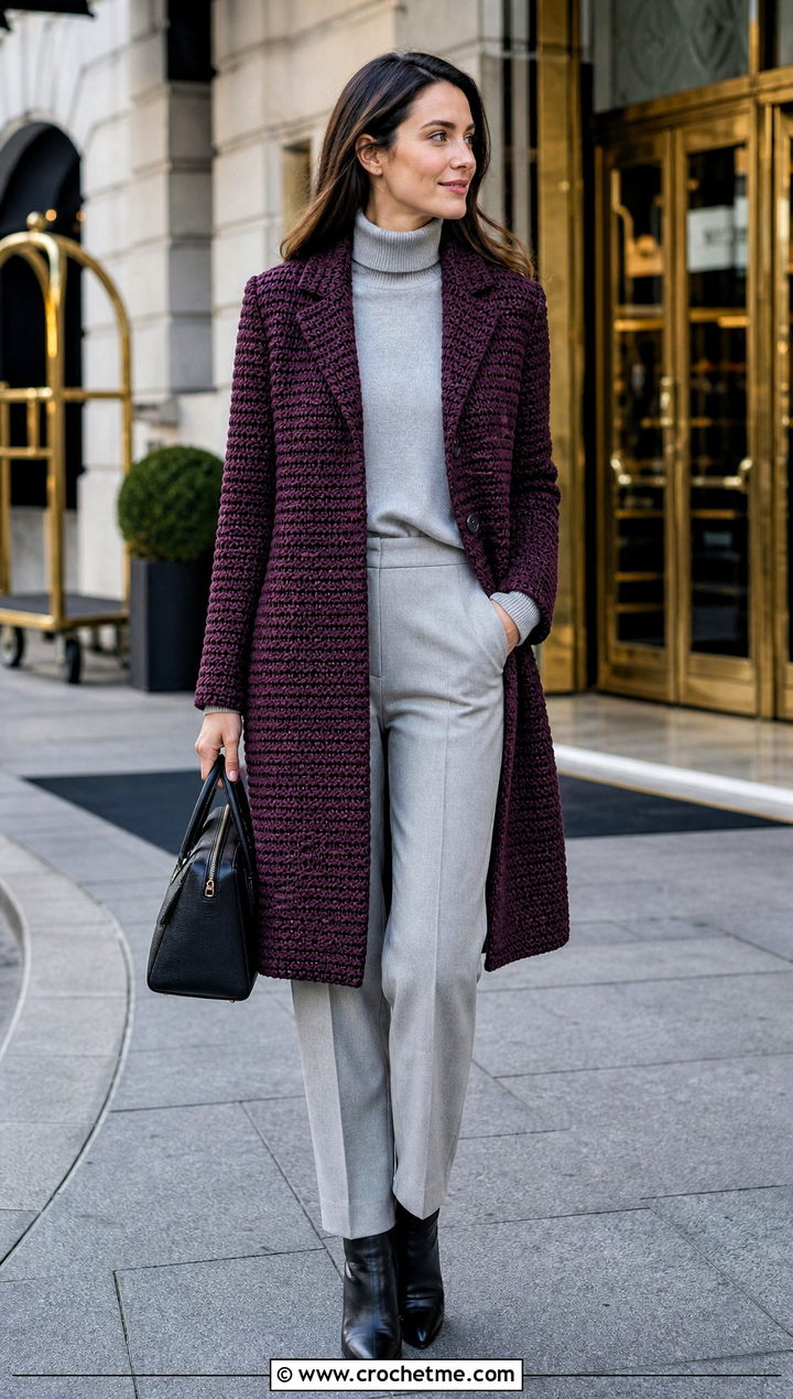 Crochet Coat With Turtleneck And Tailored Trousers - 35 old money crochet outfits ideas