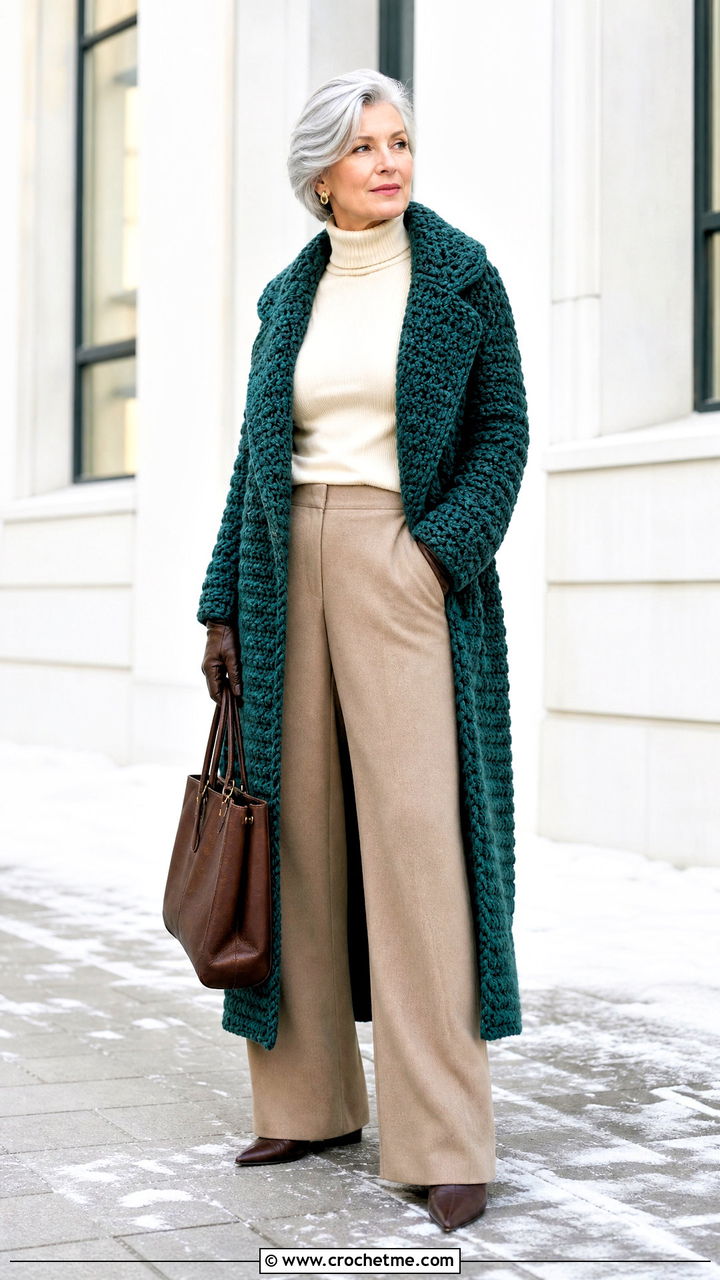 Crochet Coat With Turtleneck And Wide Leg Pants - 35 cute crochet outfits ideas