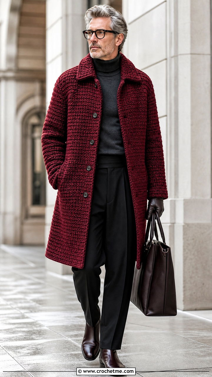 Crochet Coat With Turtleneck And Wool Pants - 35 crochet clothes for men outfit ideas