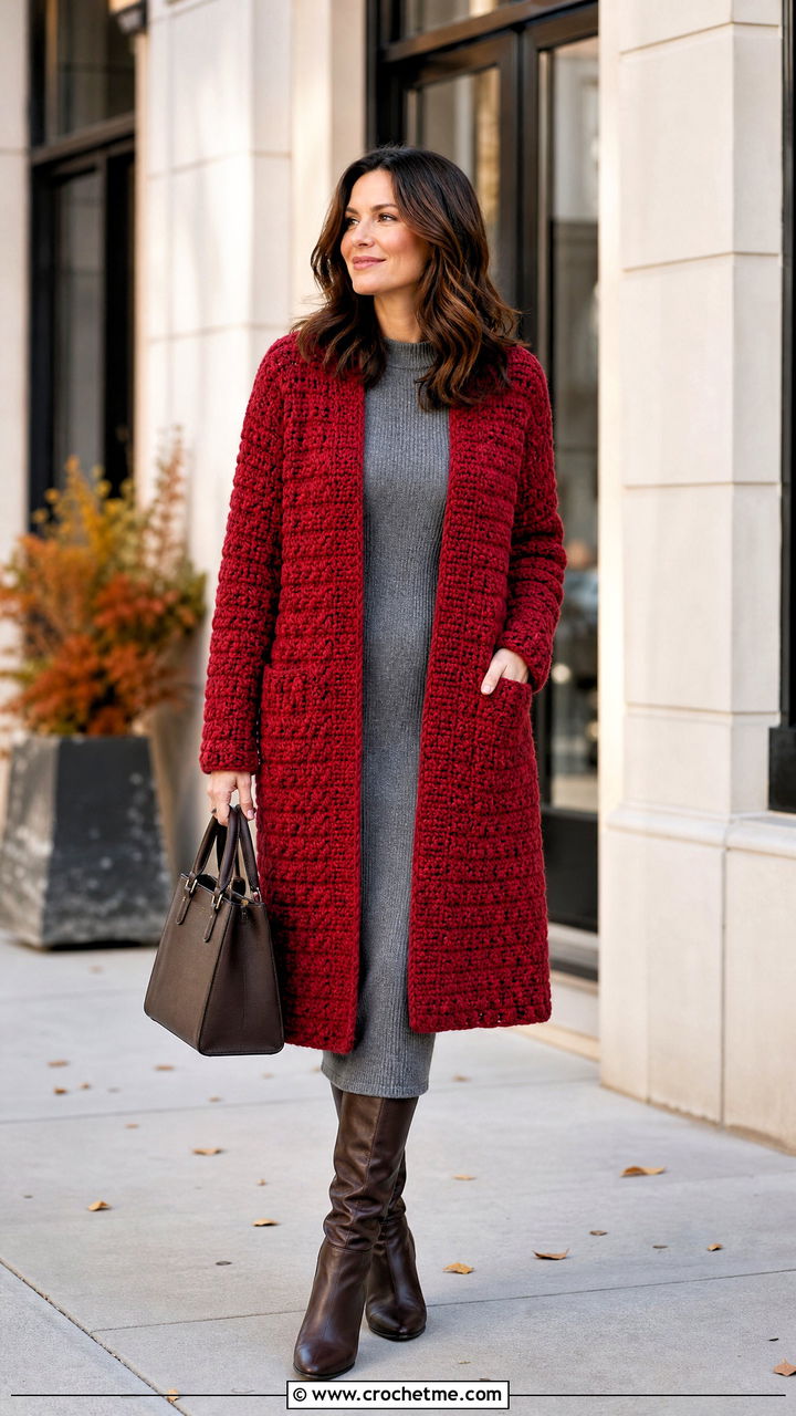 Crochet Coatigan Sweater Over A Knit Dress - 35 colorful crochet sweater outfit ideas