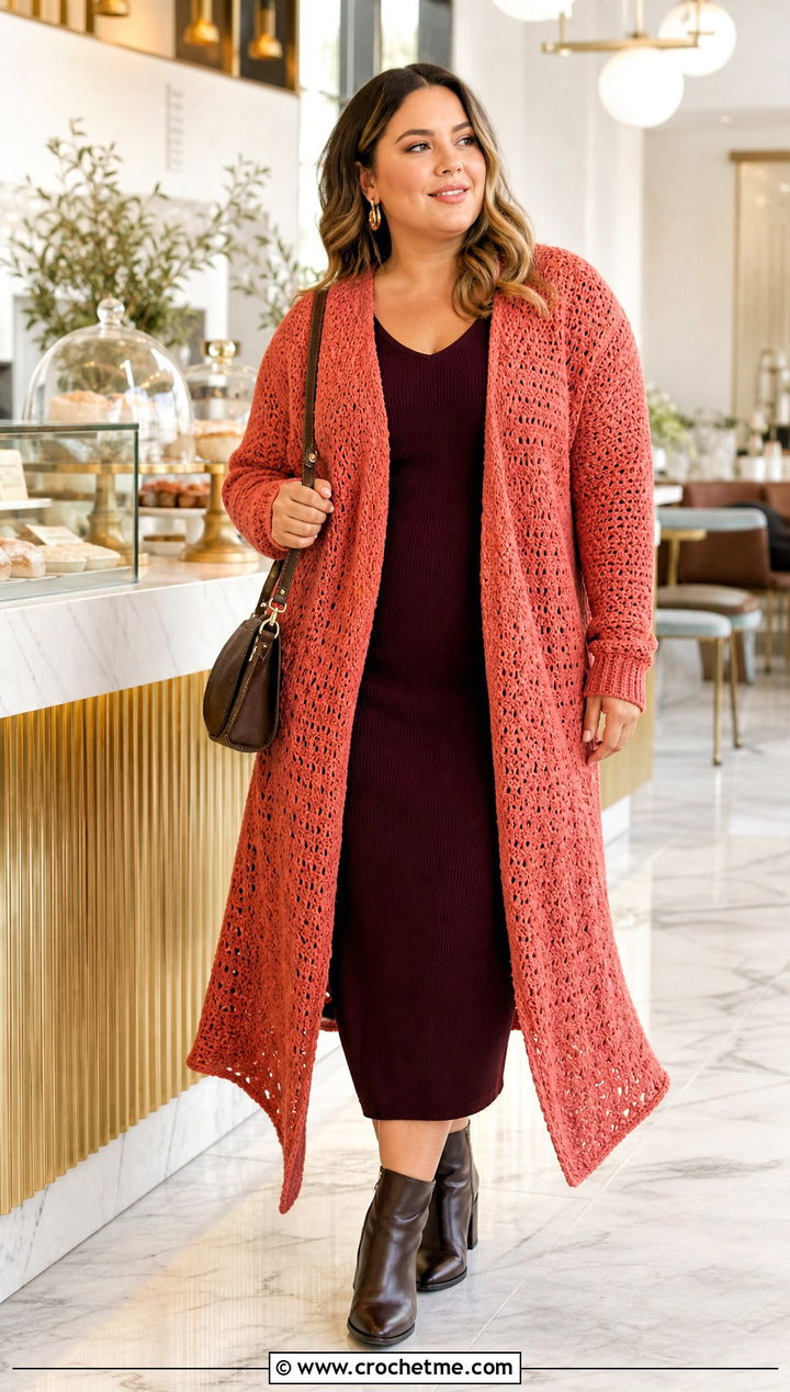 Crochet Coatigan With A Fitted Knit Dress - 15 beginner crochet coat outfit ideas