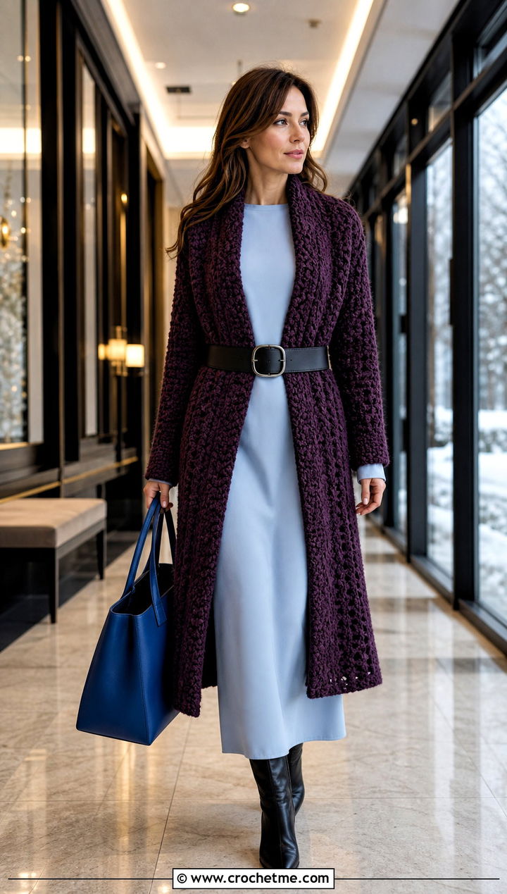 Crochet Coatigan With Column Dress - 30 crochet clothes for winter outfit ideas