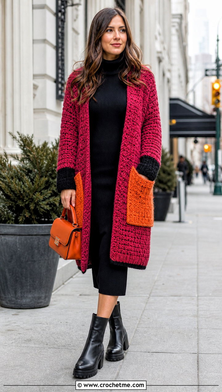 Crochet Coatigan With Knit Dress - 25 halloween crochet cardigan outfit ideas