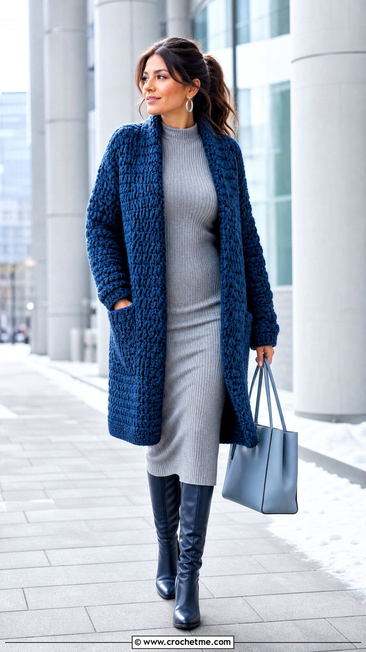 Crochet Coatigan With Knit Midi Dress - 35 chunky crochet cardigan outfit ideas