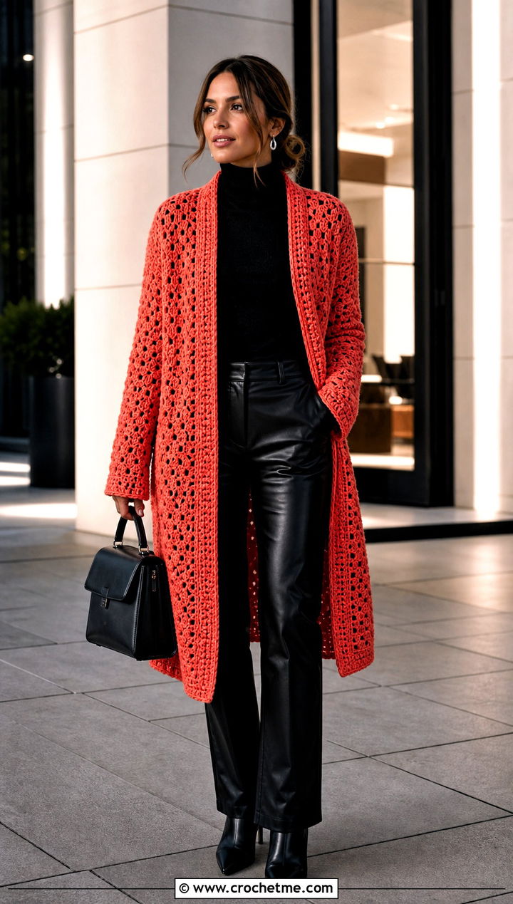 Crochet Coatigan With Leather Pants - 25 long crochet sweater outfit ideas