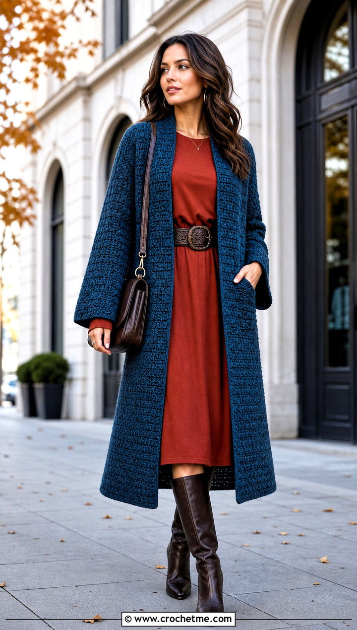 Crochet Coatigan With Midi Dress And Boots - 20 bohemian crochet cardigan outfit ideas