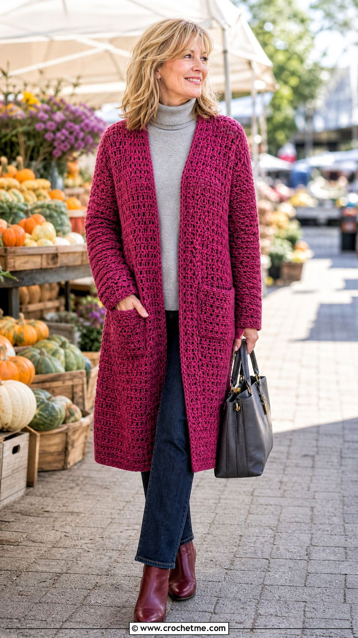Crochet Coatigan With Pockets And Straight Leg Jeans - 35 crochet cardigan with pockets outfit ideas