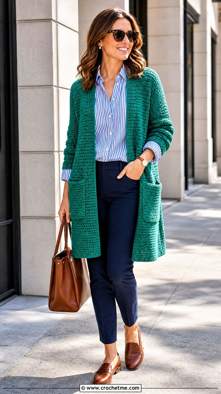 Crochet Coatigan With Shirt And Ankle Pants - 35 crochet coats outfit ideas