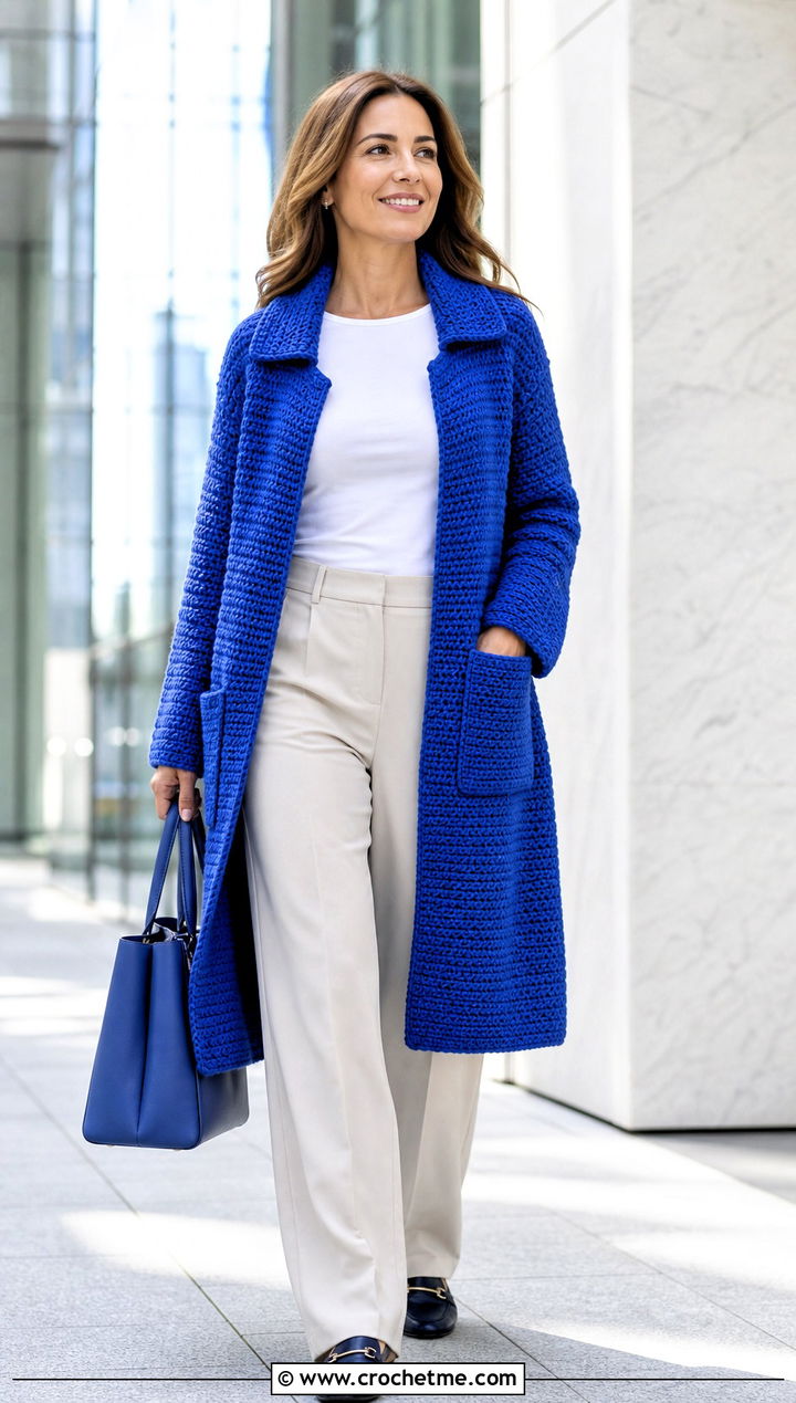 Crochet Coatigan With T Shirt And Tailored Pants - 30 3 weight yarn crochet cardigan outfit ideas