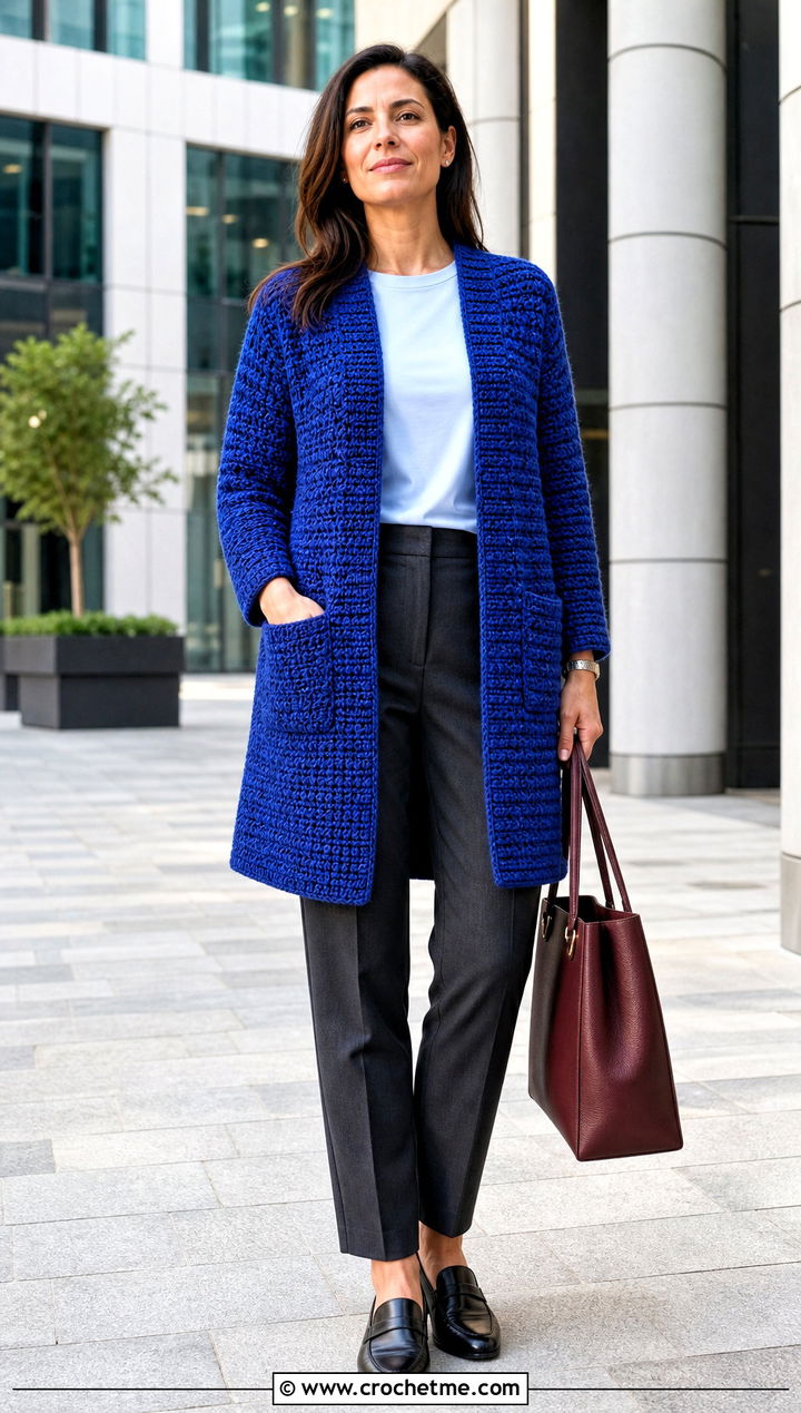 Crochet Coatigan With T Shirt And Trousers - 30 long crochet cardigan outfit ideas