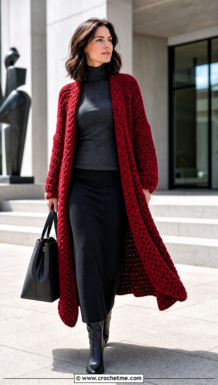 Crochet Coatigan With Turtleneck And Maxi Skirt - 30 crochet cardigan design outfit ideas
