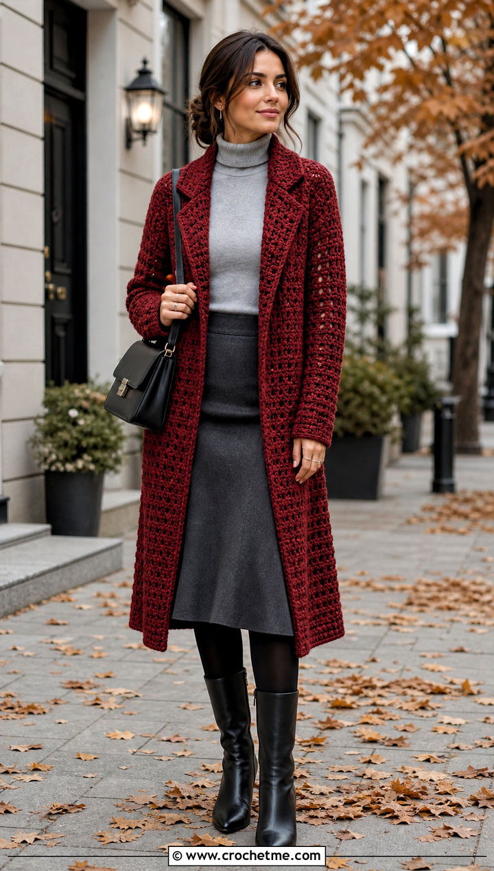 Crochet Coatigan With Turtleneck And Midi Skirt - 25 Crochet Cardigan Outfit Aesthetic outfit ideas