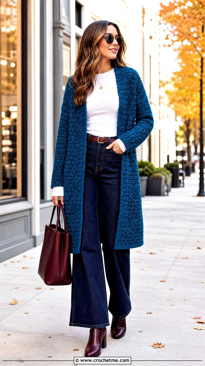 Crochet Coatigan With Wide Leg Jeans - 35 crocheted cardigan outfit ideas