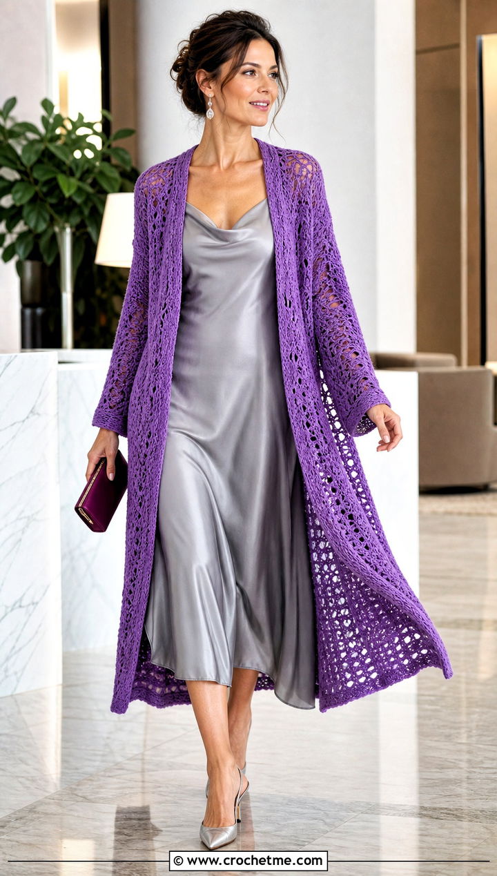 Crochet Coatigan With a Slip Dress - 15 stylish crochet coat design outfit ideas