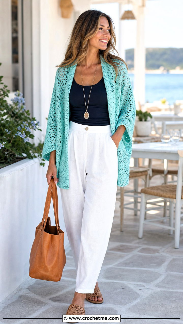 Crochet Cocoon Cardigan With Linen Trousers - 25 Crochet For Beginners Clothes and outfit ideas