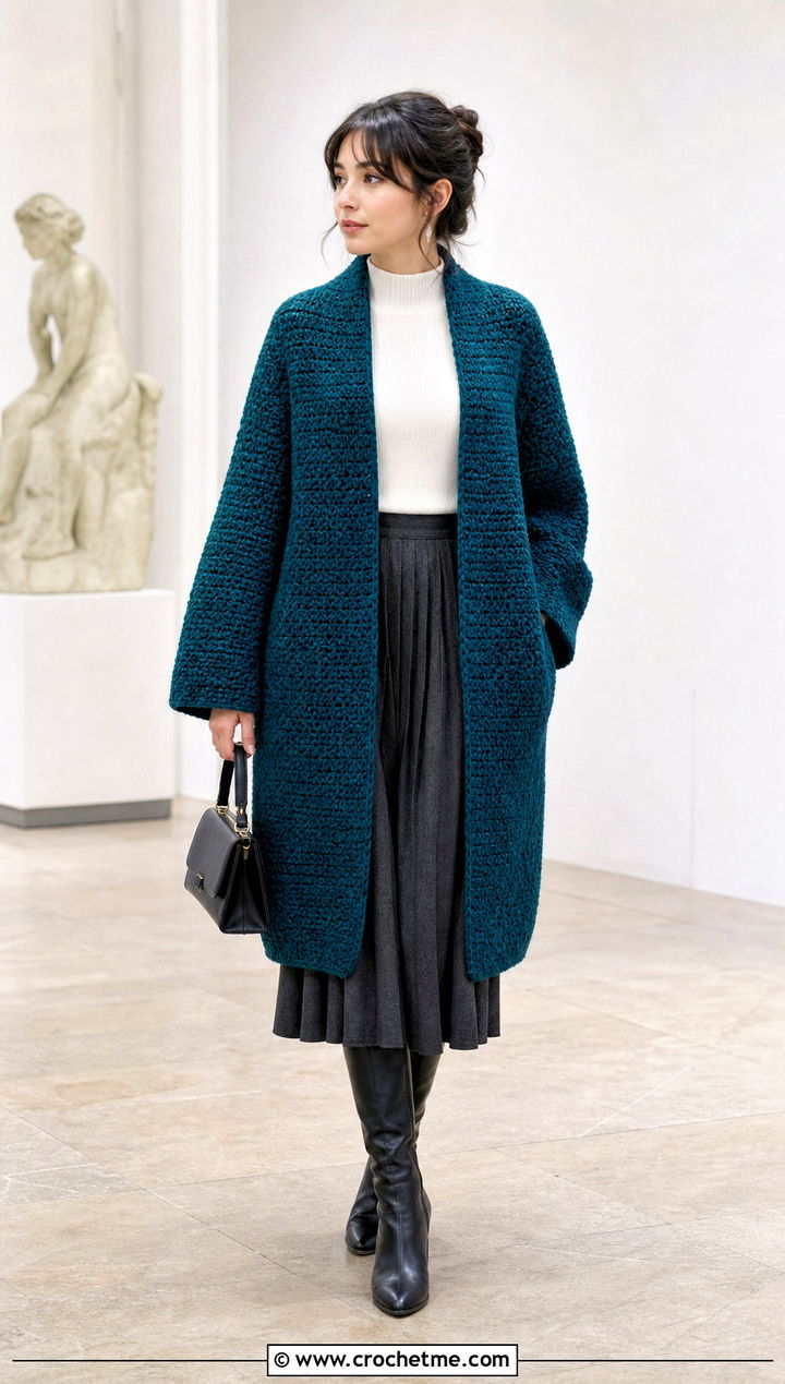 Crochet Cocoon Coat With A Pleated Midi Skirt - 15 beginner crochet coat outfit ideas