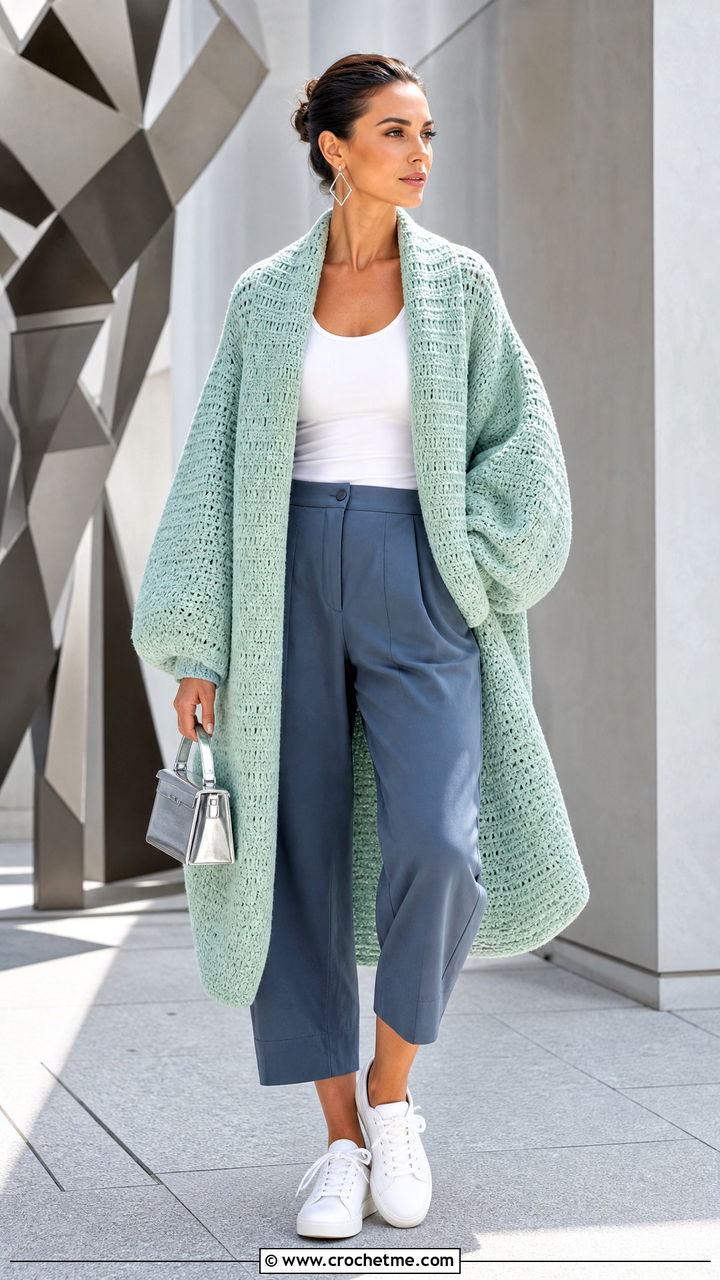 Crochet Cocoon Coat With Barrel Leg Pants - 35 crochet coats outfit ideas