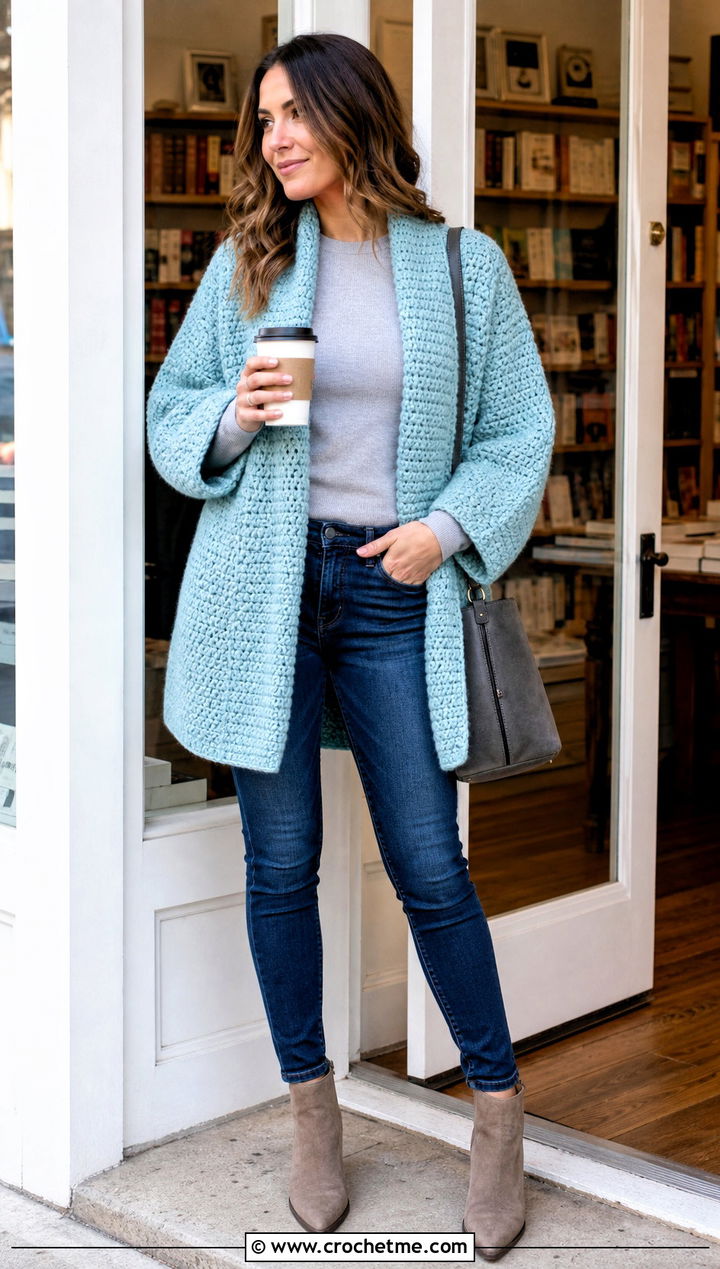 Crochet Cocoon Jacket With Slim Jeans - 30 crochet winter jacket outfit ideas