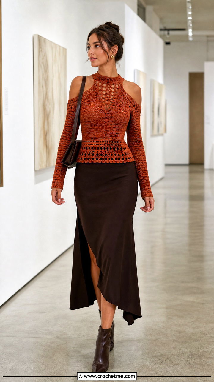 Crochet Cold Shoulder Top With Asymmetric Skirt - 35 Crochet Top And Skirt outfit ideas