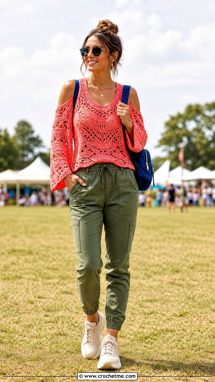 Crochet Cold Shoulder Top With Utility Pants - 35 crochet festival top outfit ideas