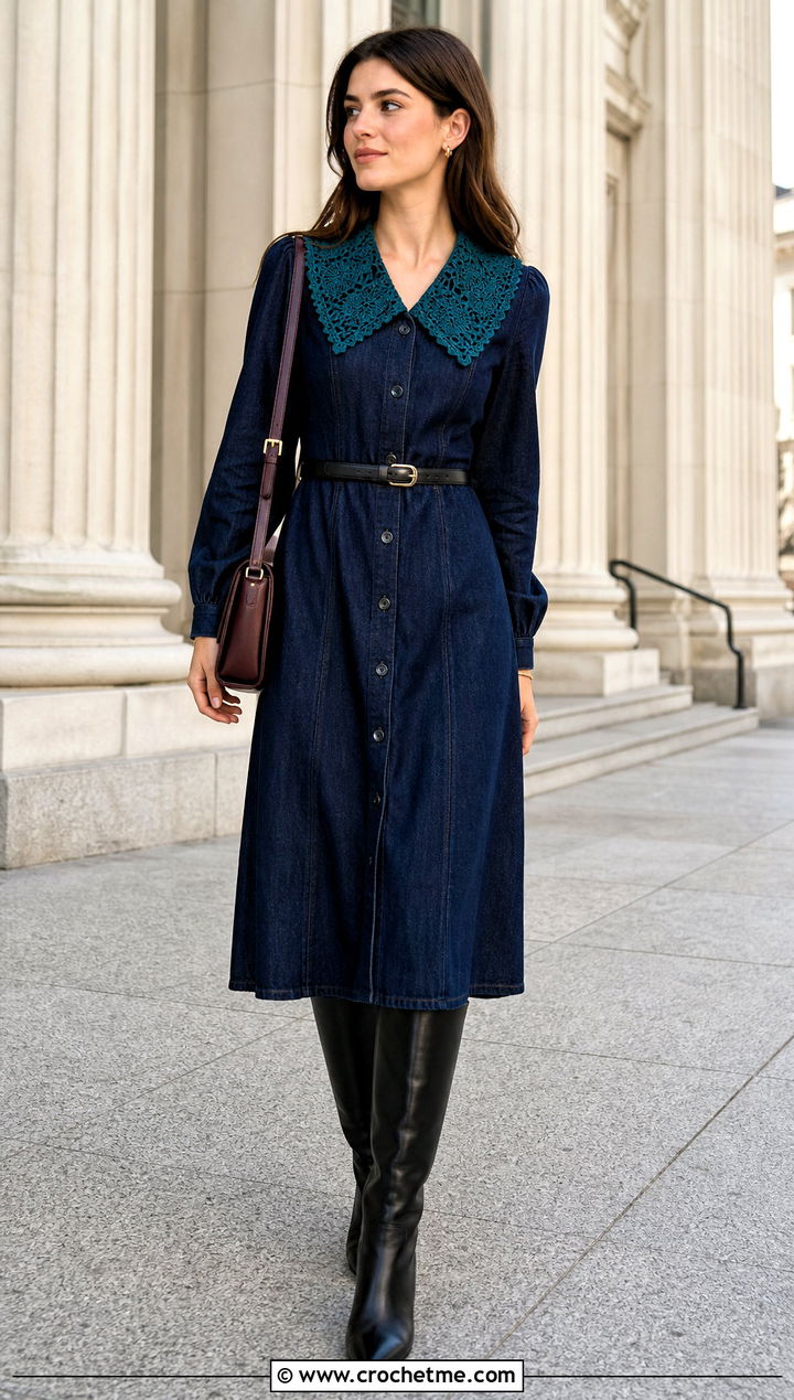 Crochet Collar Denim Dress With Knee High Boots - 25 crochet and fabric dress outfit ideas