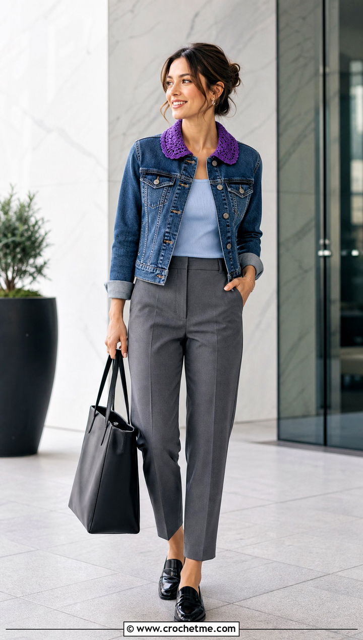 Crochet Collar Denim Jacket With Tailored Ankle Pants - 30 crochet denim jacket outfit ideas