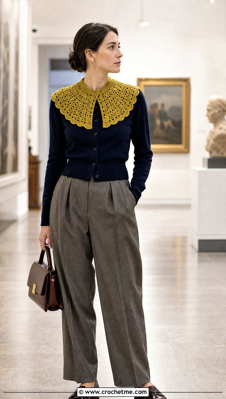Crochet Collar Scarf With Cardigan and Trousers - 25 boho crochet scarf outfit ideas