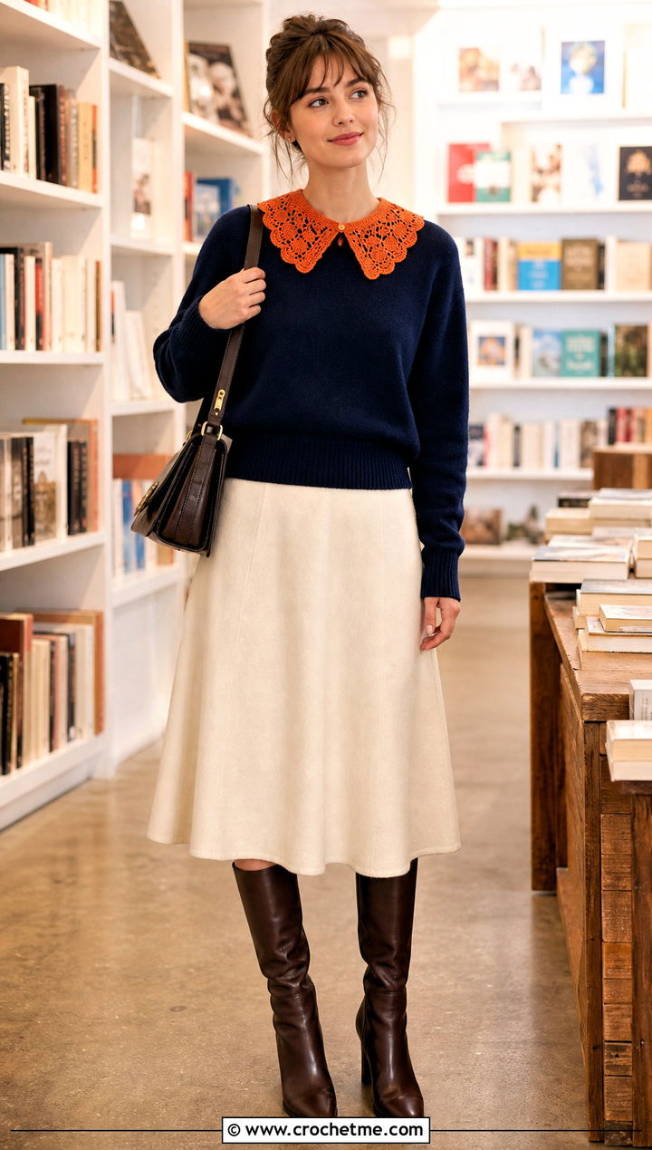 Crochet Collar Scarf With Crewneck Sweater And Skirt - 35 crochet scarves outfit ideas