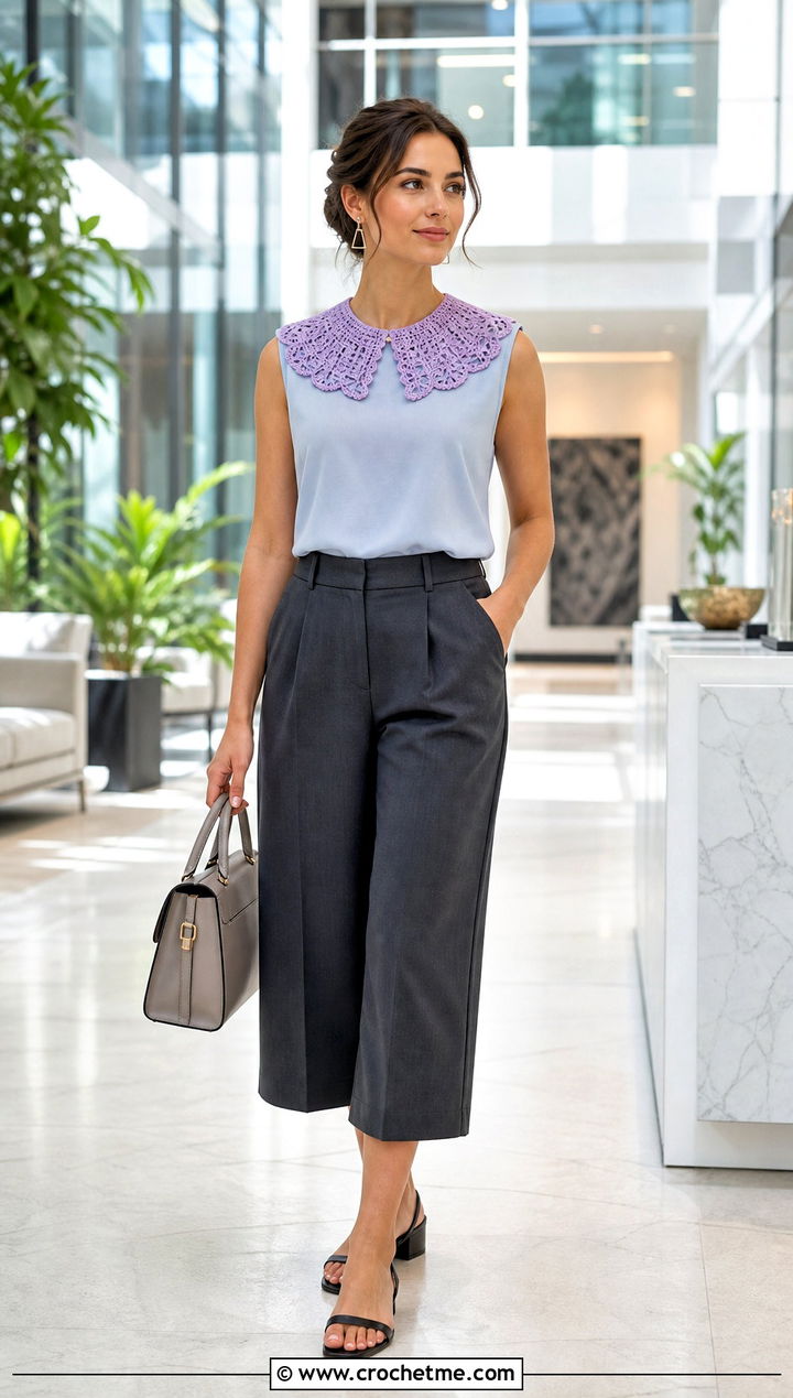 Crochet Collar Scarf With Sleeveless Blouse And Culottes - 35 summer crochet scarf outfit ideas