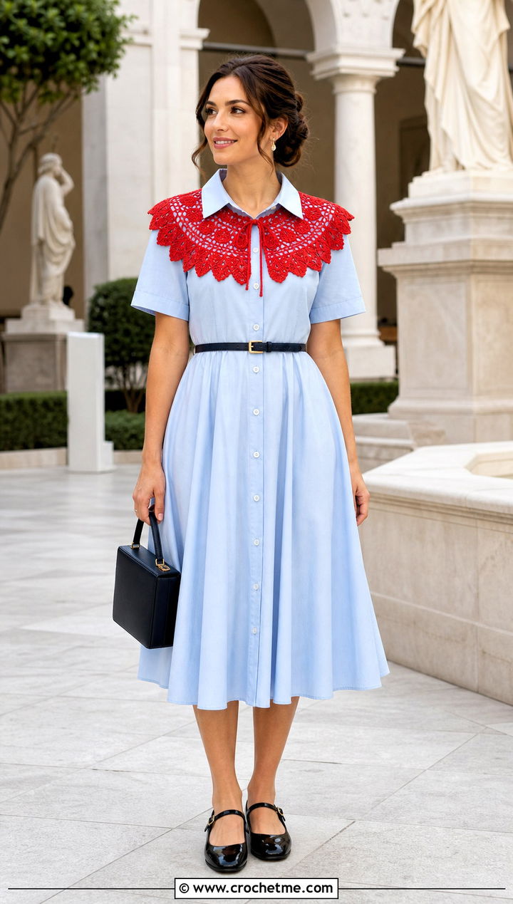 Crochet Collar Shirt Dress With Mary Jane Shoes - 15 Crochet Clothes With Fabric outfit ideas