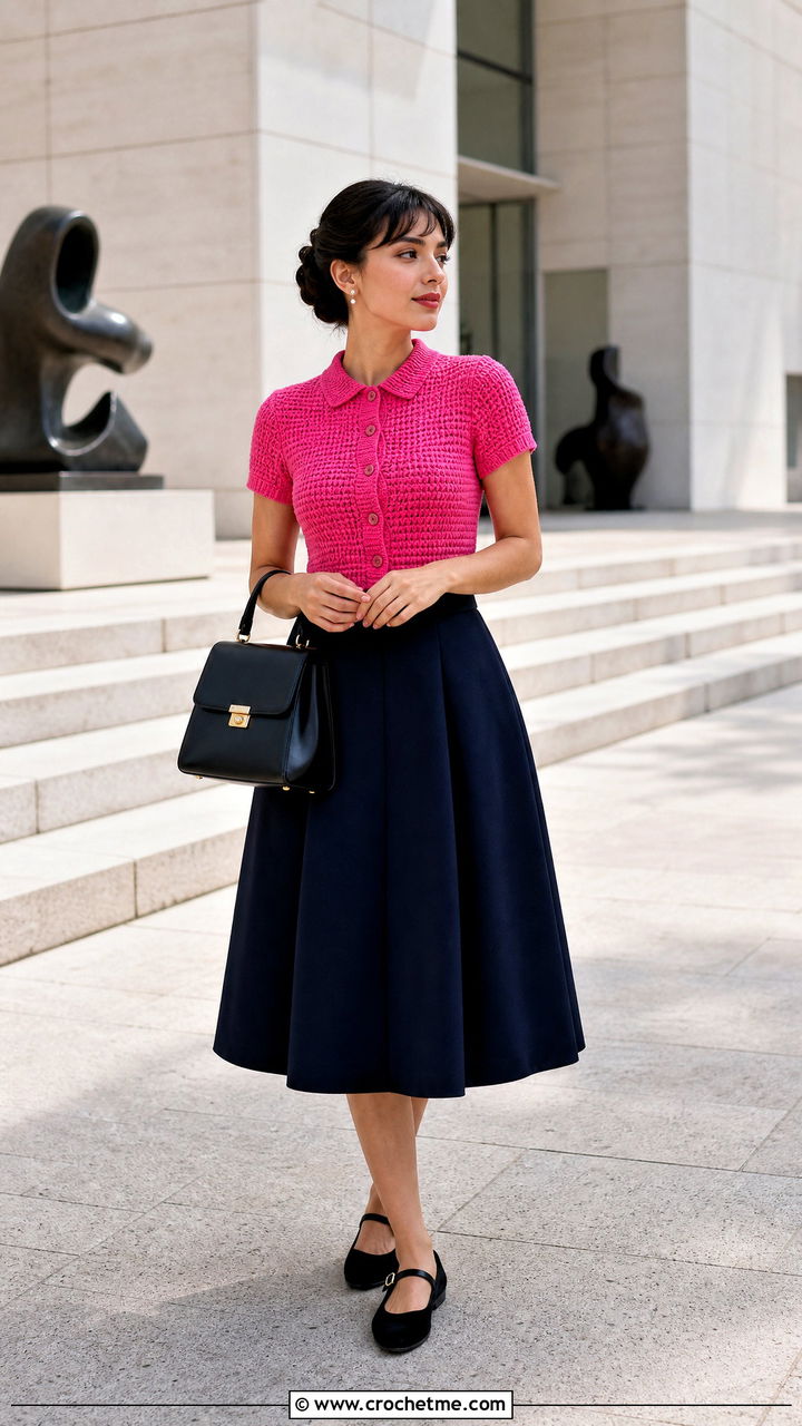 Crochet Collar Top With A Line Midi Skirt - 35 cute crochet tops outfit ideas