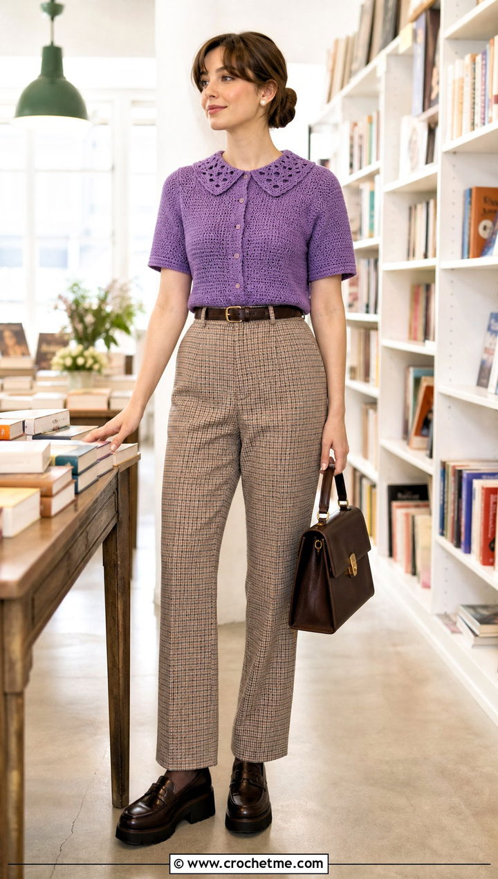 Crochet Collar Top With Checkered Trousers - 35 sabrina carpenter crochet top outfit ideas