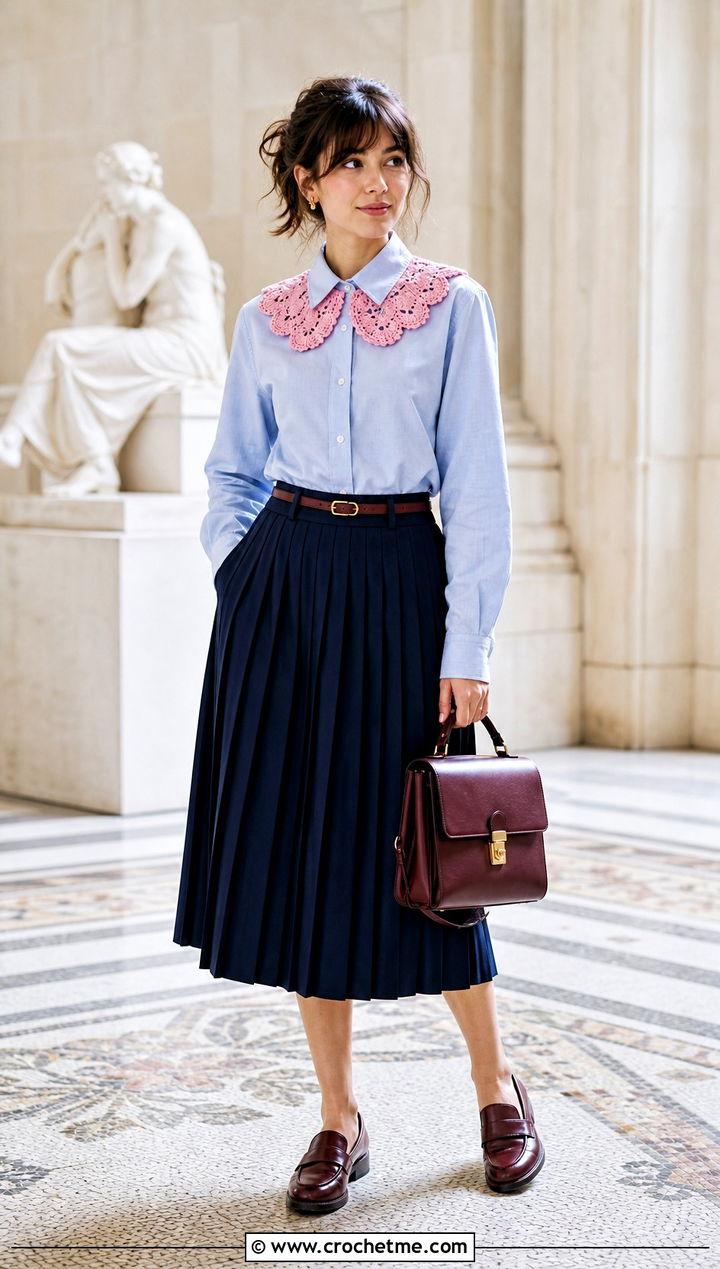 Crochet Collar Upcycled Oxford Shirt With Pleated Midi Skirt - 20 Upcycle Shirt With Crochet outfit ideas