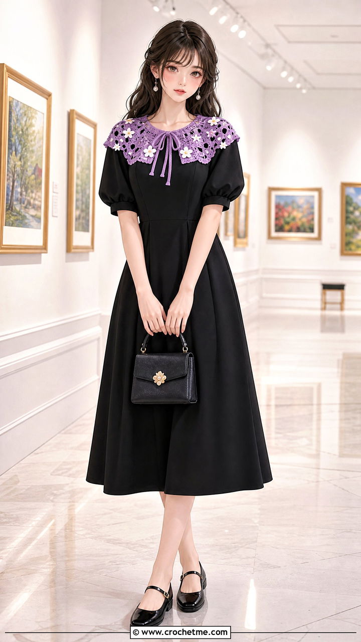 Crochet Collar With Black Midi Dress - 35 anime crochet clothes and outfit ideas