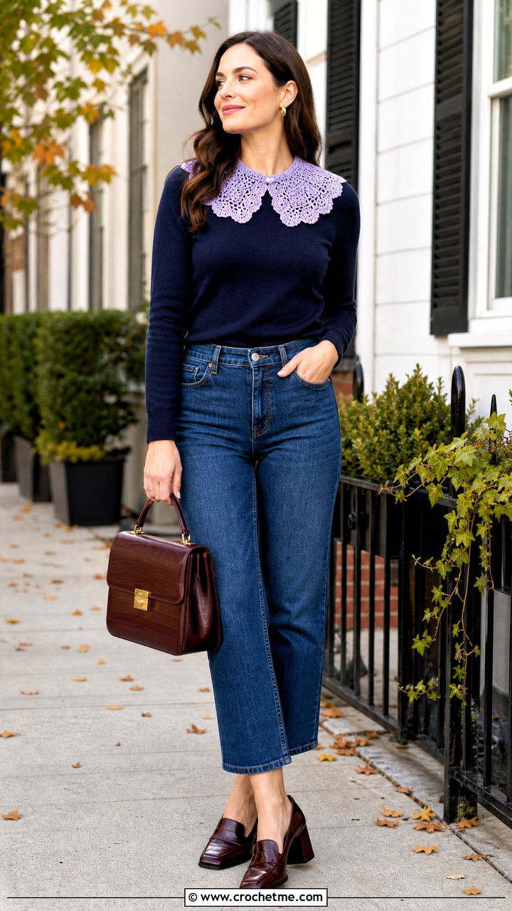 Crochet Collar With Crewneck Sweater And Jeans - 35 crochet fall clothes and outfit ideas